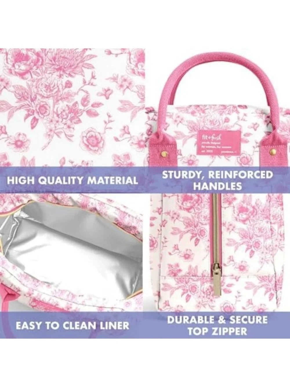 Insulated Large Lunch Bag for Women - Leak-Resistant, Stain-Resistant, Pink